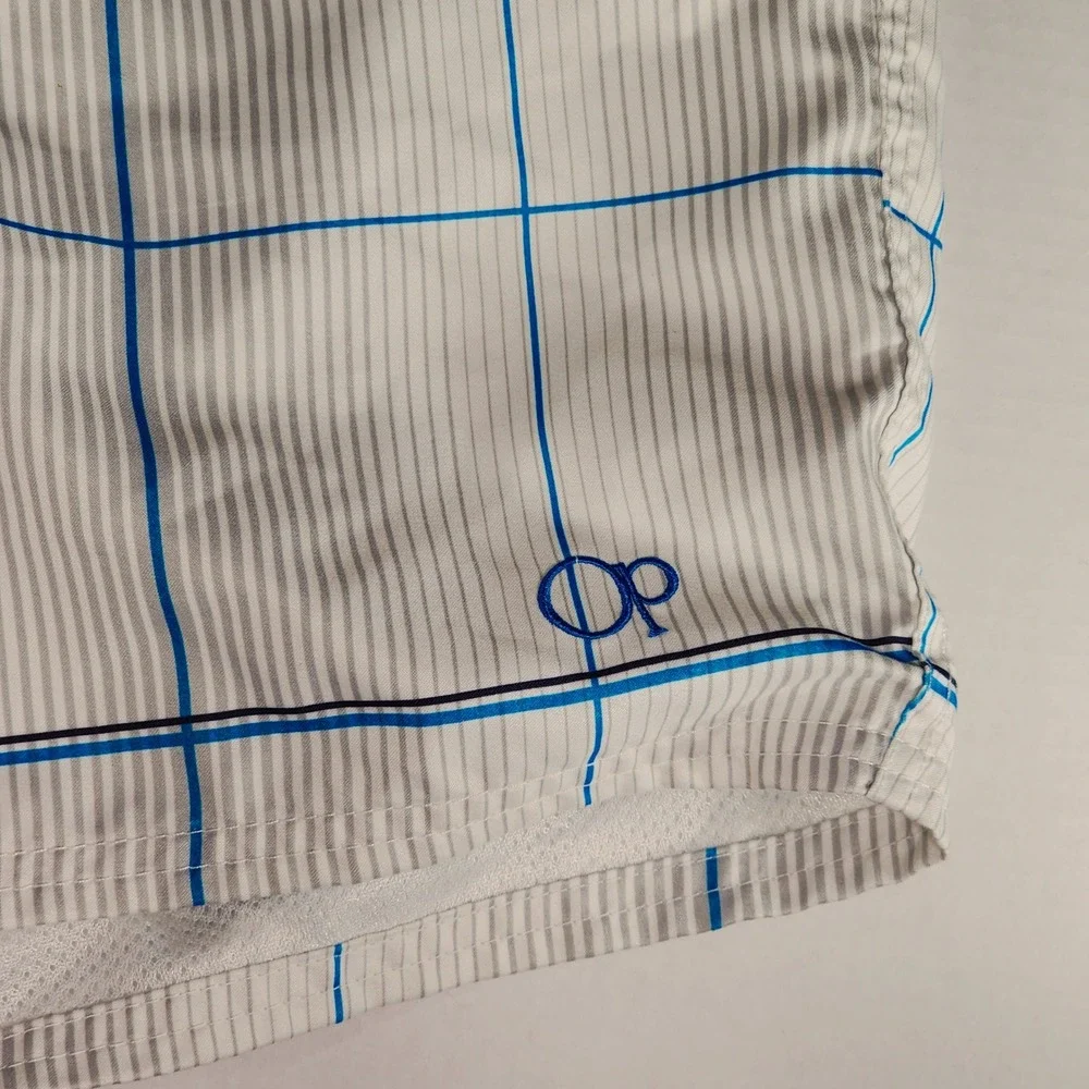 OP Ocean Pacific Board Shorts 3XL 48-50 Men Plaid Swim Trunks White‎ Blue Mesh